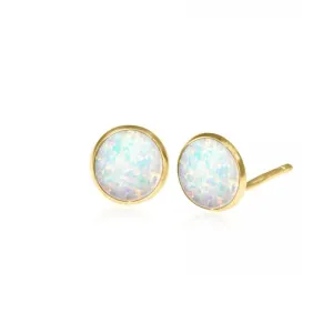 14K Yellow Gold Round White Opal 6mm Stud Earrings