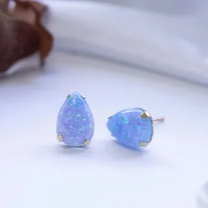 14K Yellow Gold Teardrop Blue Opal 7X10mm Stud Earrings