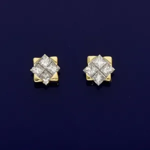 18ct Yellow Gold Princess Cut Diamond 4 Claw Stud Earrings