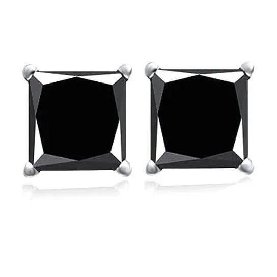 18k White Gold High Polish Finish Black Square Stud Set Unisex Earrings