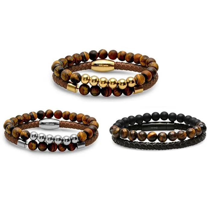 2-Piece: Men's Leather Braided Bracelet Beaded with Tiger Eye