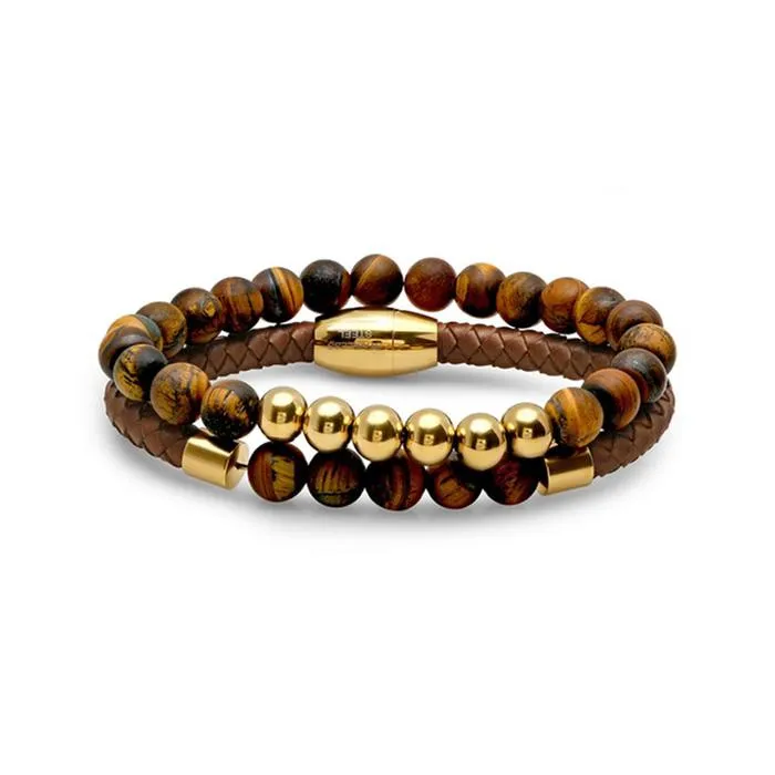 2-Piece: Men's Leather Braided Bracelet Beaded with Tiger Eye