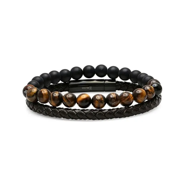 2-Piece: Men's Leather Braided Bracelet Beaded with Tiger Eye