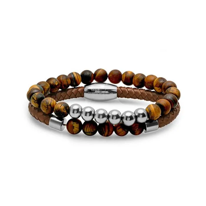 2-Piece: Men's Leather Braided Bracelet Beaded with Tiger Eye