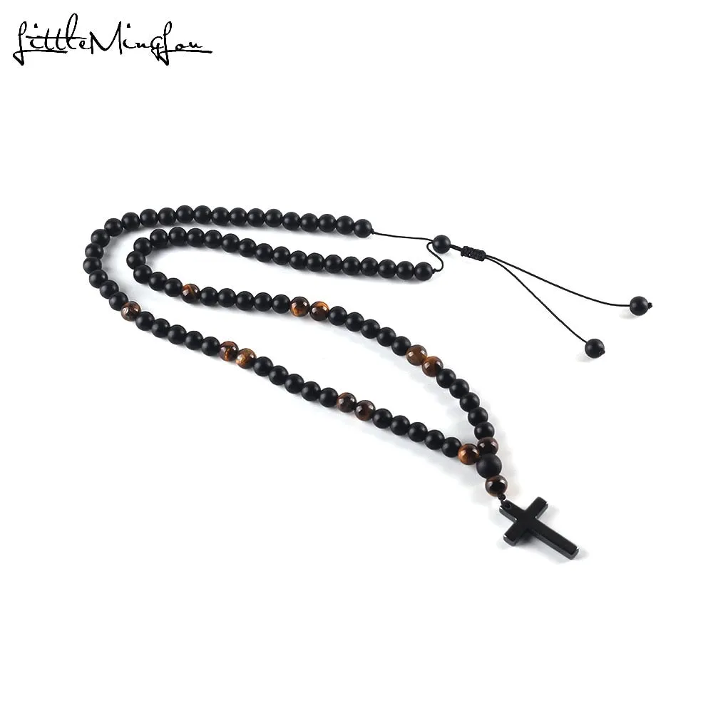 2019 Luxury Tiger Eye Natural Stone Beads Long Necklace Men&#39;s Black Hematite Jesus Cross Pendants Necklace Geometry Jewelry Gift