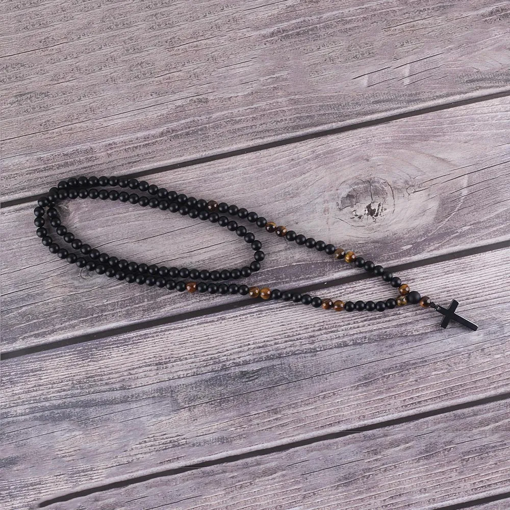 2019 Luxury Tiger Eye Natural Stone Beads Long Necklace Men&#39;s Black Hematite Jesus Cross Pendants Necklace Geometry Jewelry Gift