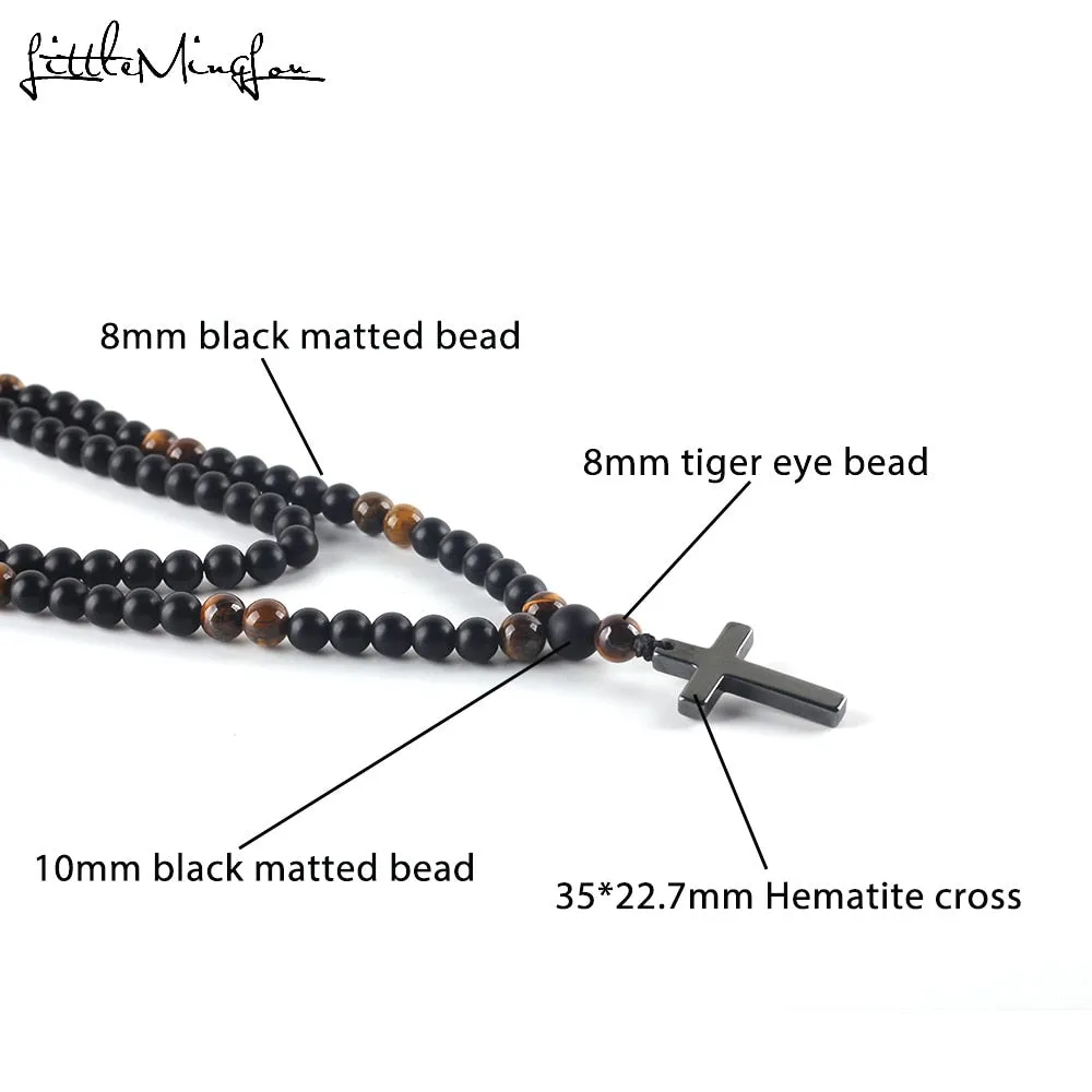 2019 Luxury Tiger Eye Natural Stone Beads Long Necklace Men&#39;s Black Hematite Jesus Cross Pendants Necklace Geometry Jewelry Gift