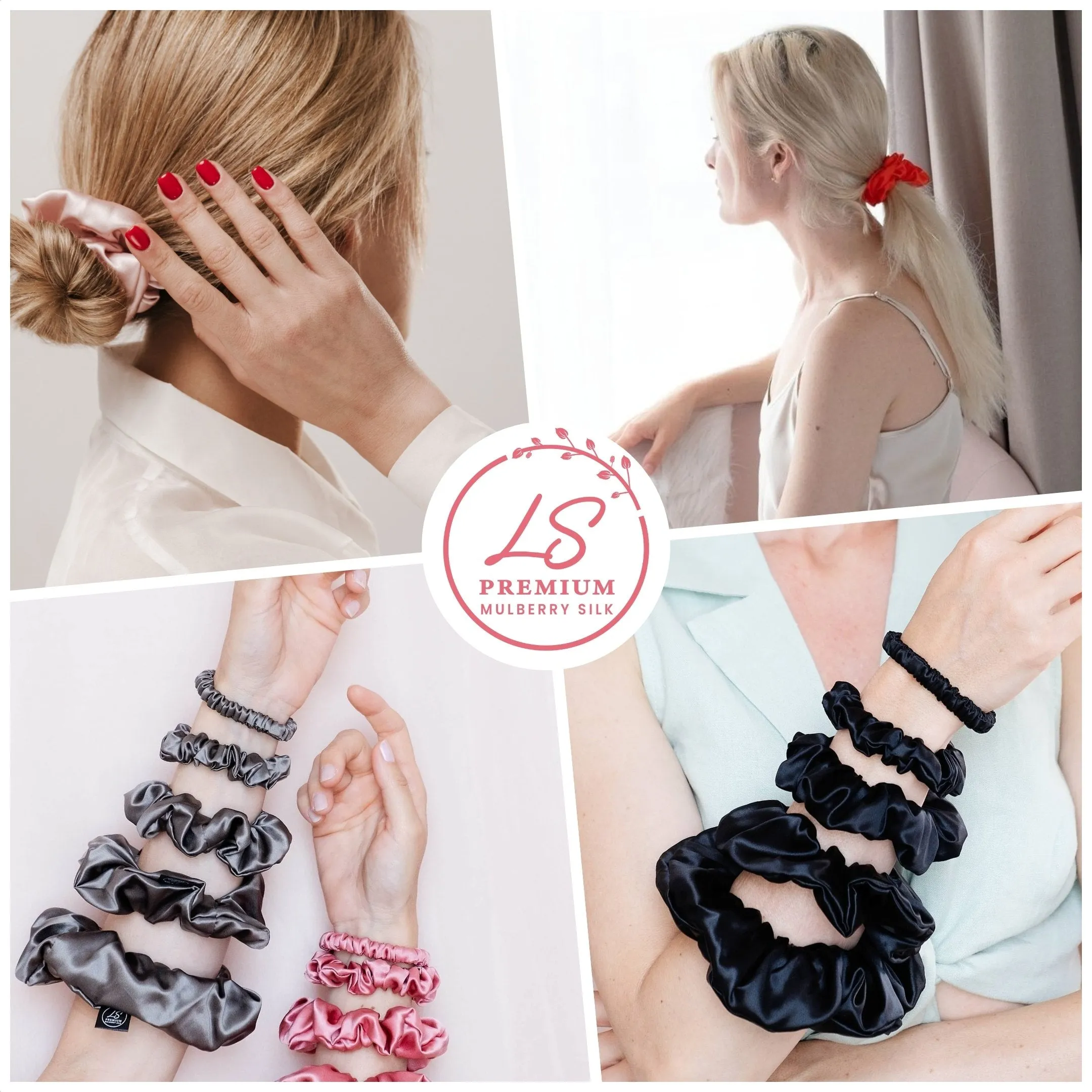 3 Pack Premium Mulberry Silk Scrunchies - Black - Mini