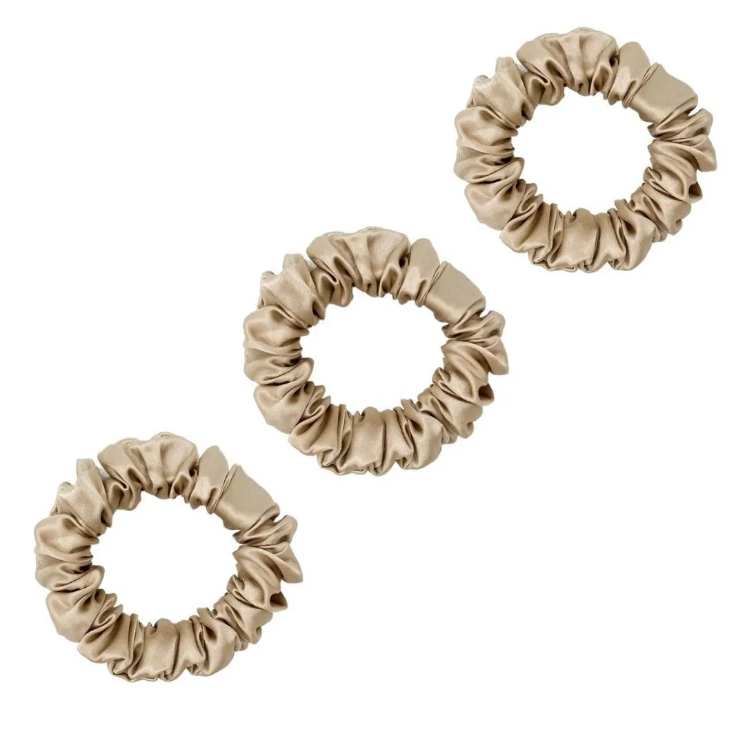 3 Pack Premium Mulberry Silk Scrunchies - Champagne Gold - Small