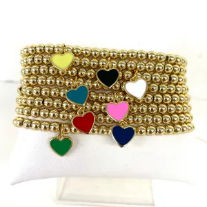 3MM Gold Beads With Enamel Heart Bracelets