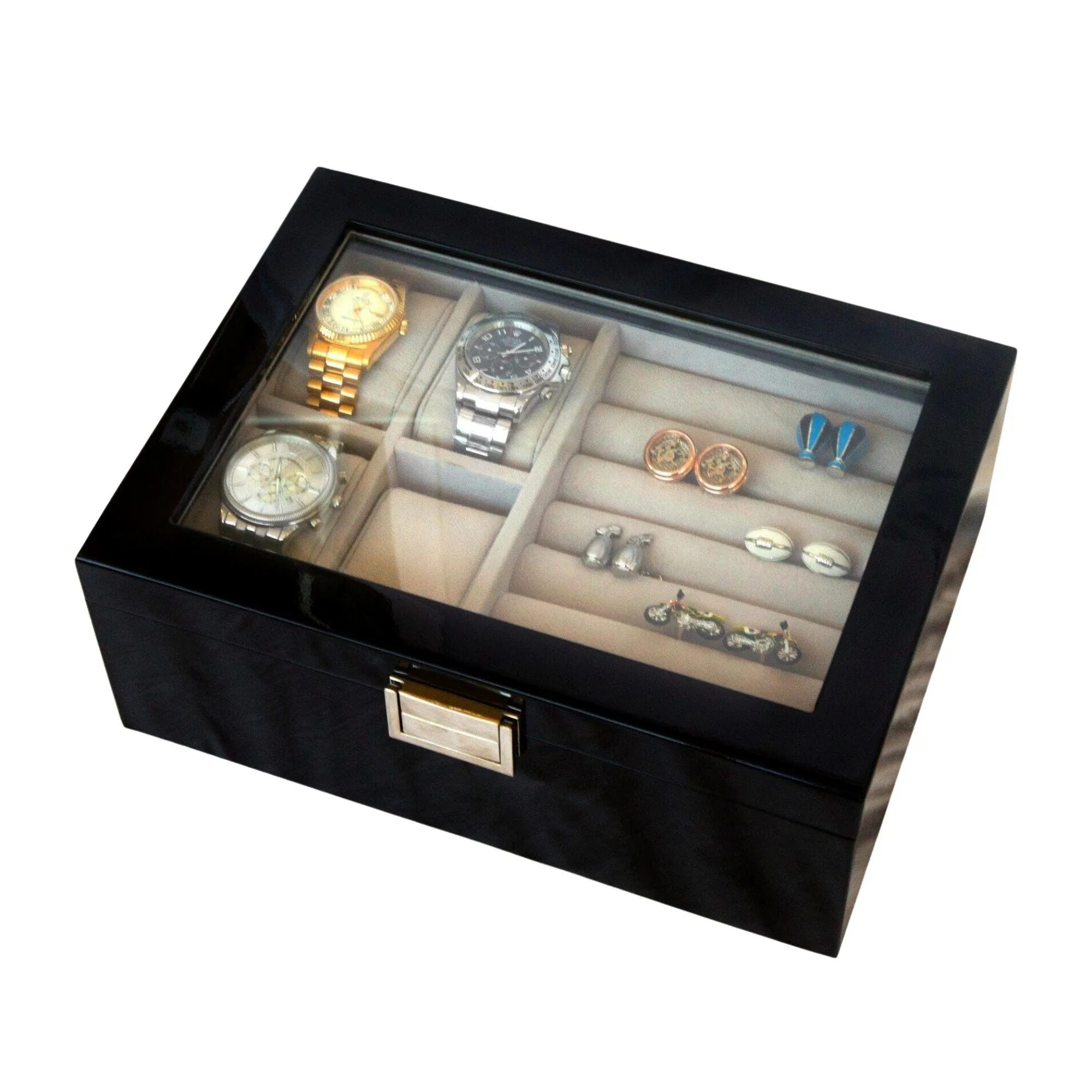 50 Pair Cufflink and Watch Box Double Decker Black