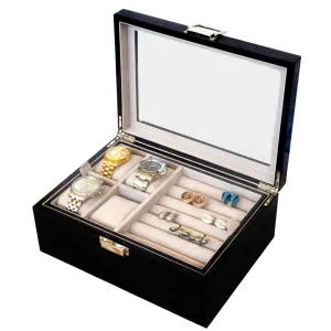 50 Pair Cufflink and Watch Box Double Decker Black