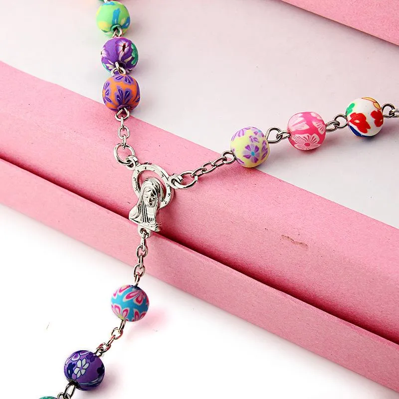 8mm Colorful Polymer Clay Bead Rosary Alloy Cross Virgin Mary Centrepieces Christian Catholic Religious Pendant Necklace