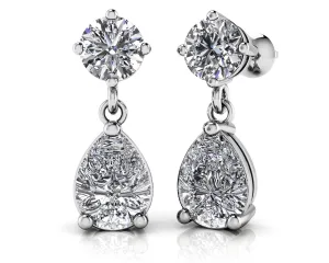 Alluring Round And Pear Shaped Drop Diamond Earrings with 1.60 ct.(finished) 7x5mm, 4.25mm