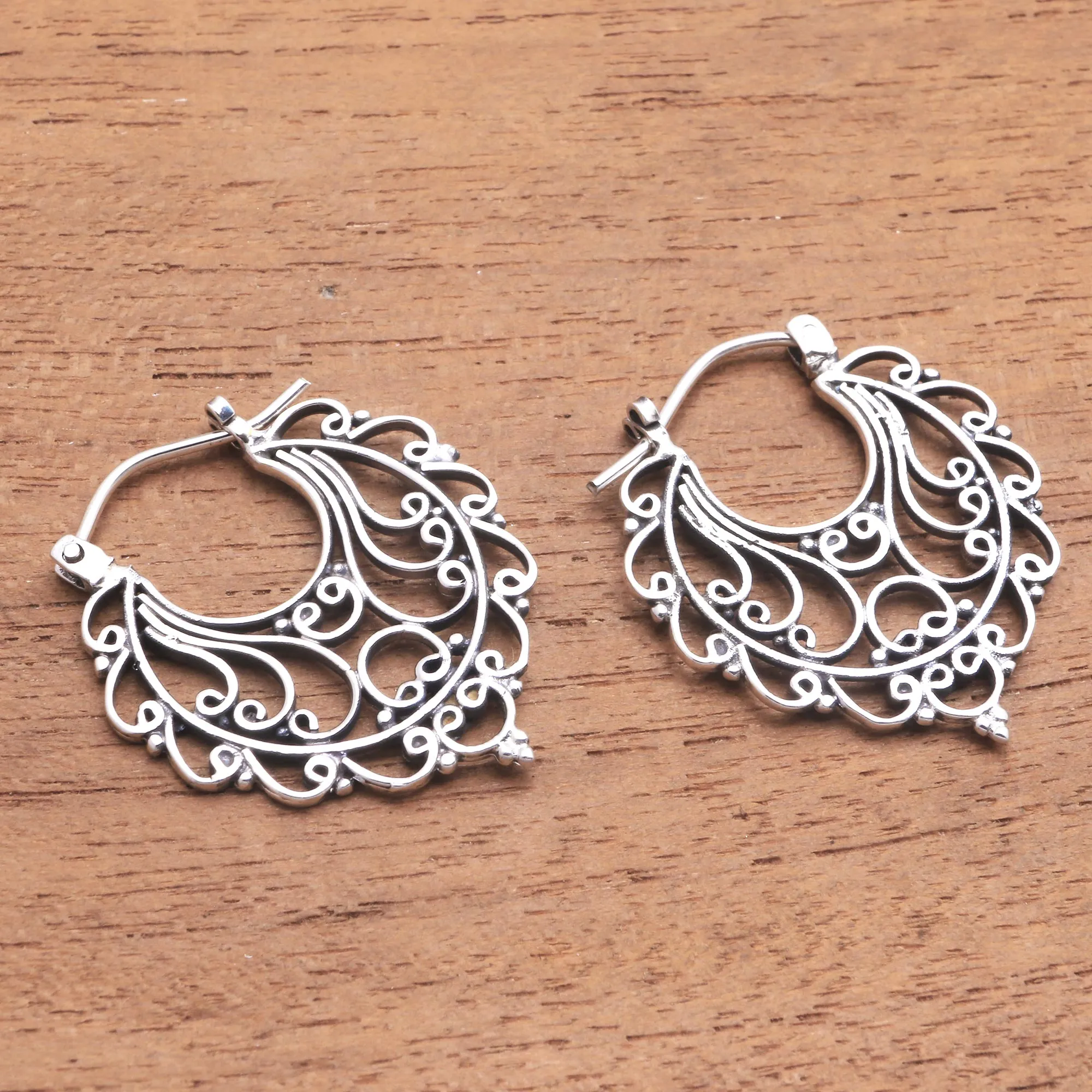 Always Charming Swirl Pattern Sterling Silver Hoop Earrings from Bali