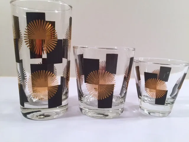 Anchor Hocking - Mid-Century Black Square with 22-Karat Gold Atomic Burst Bar Set  (Set of 24 Glasses)