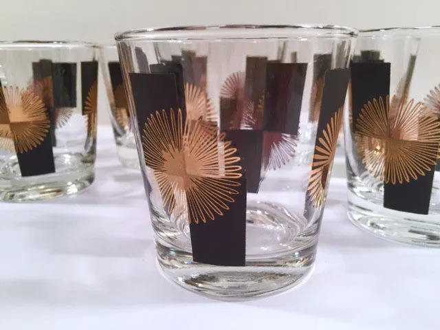 Anchor Hocking - Mid-Century Black Square with 22-Karat Gold Atomic Burst Bar Set  (Set of 24 Glasses)