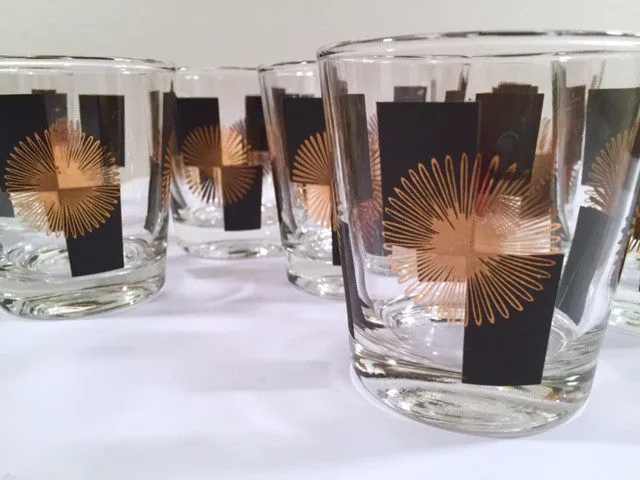 Anchor Hocking - Mid-Century Black Square with 22-Karat Gold Atomic Burst Bar Set  (Set of 24 Glasses)