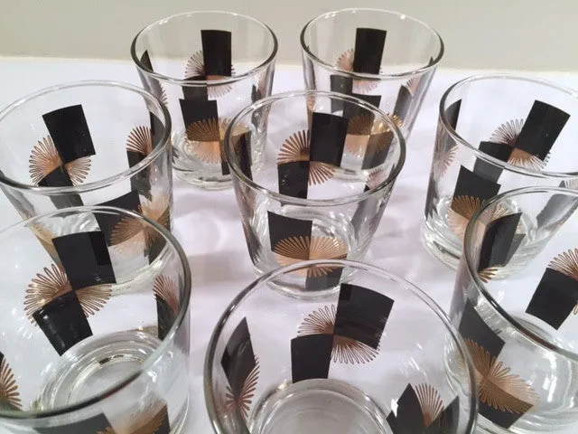 Anchor Hocking - Mid-Century Black Square with 22-Karat Gold Atomic Burst Bar Set  (Set of 24 Glasses)