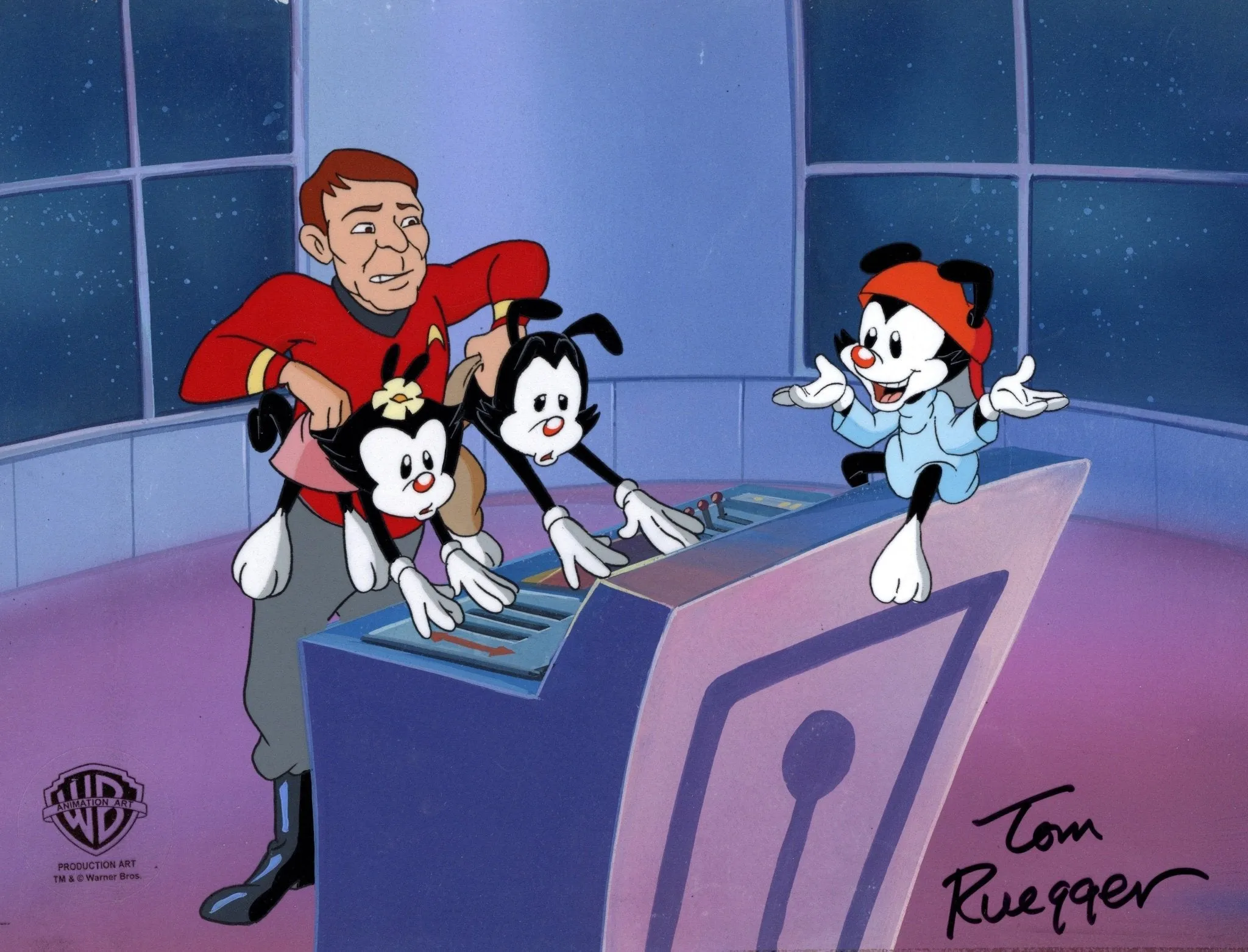 Animaniacs Original Production Cel on Original Background Signed By Tom Ruegger: Wakko, Yakko, Dot, and Squaty