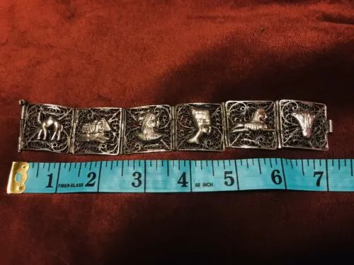 Antique Vintage Ornate Filigree Egyptian Panel Silver Bracelet