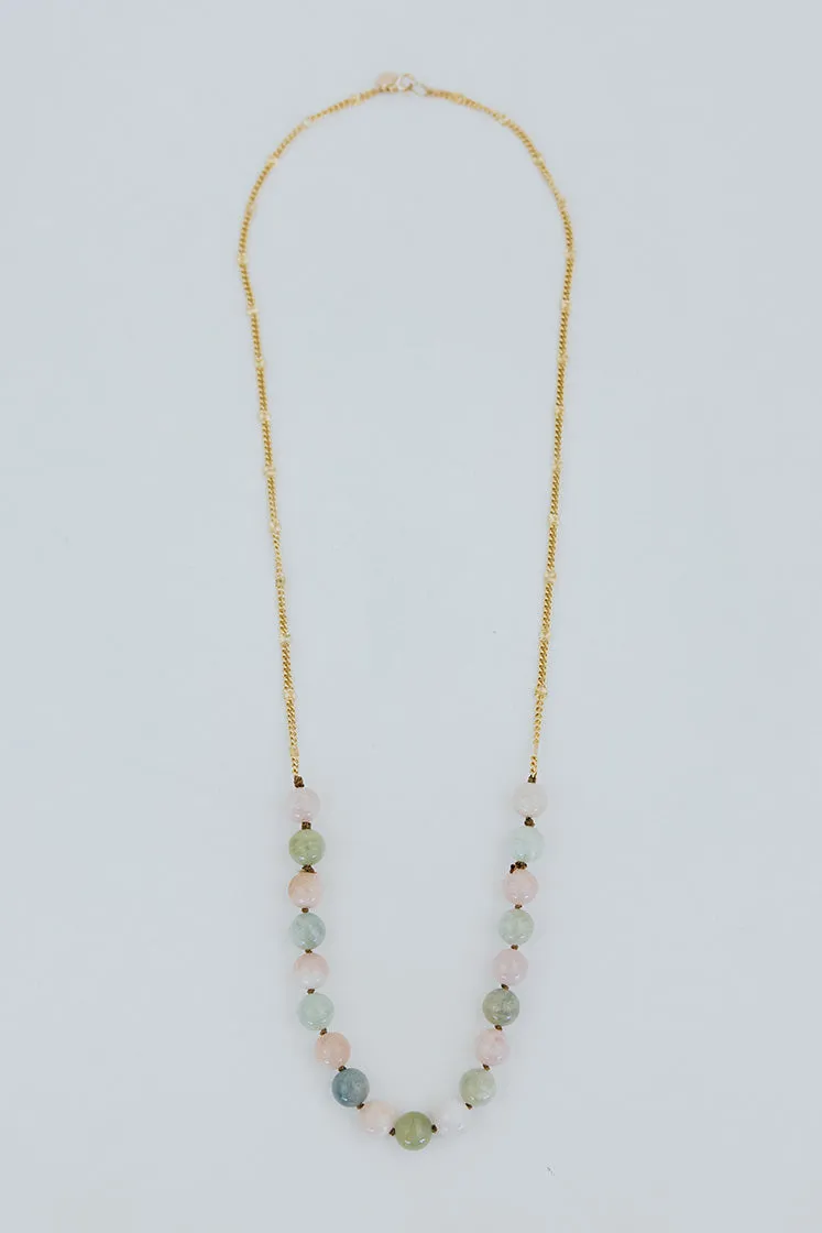 Aquamarine Round Beaded Necklace - Pink   Teal