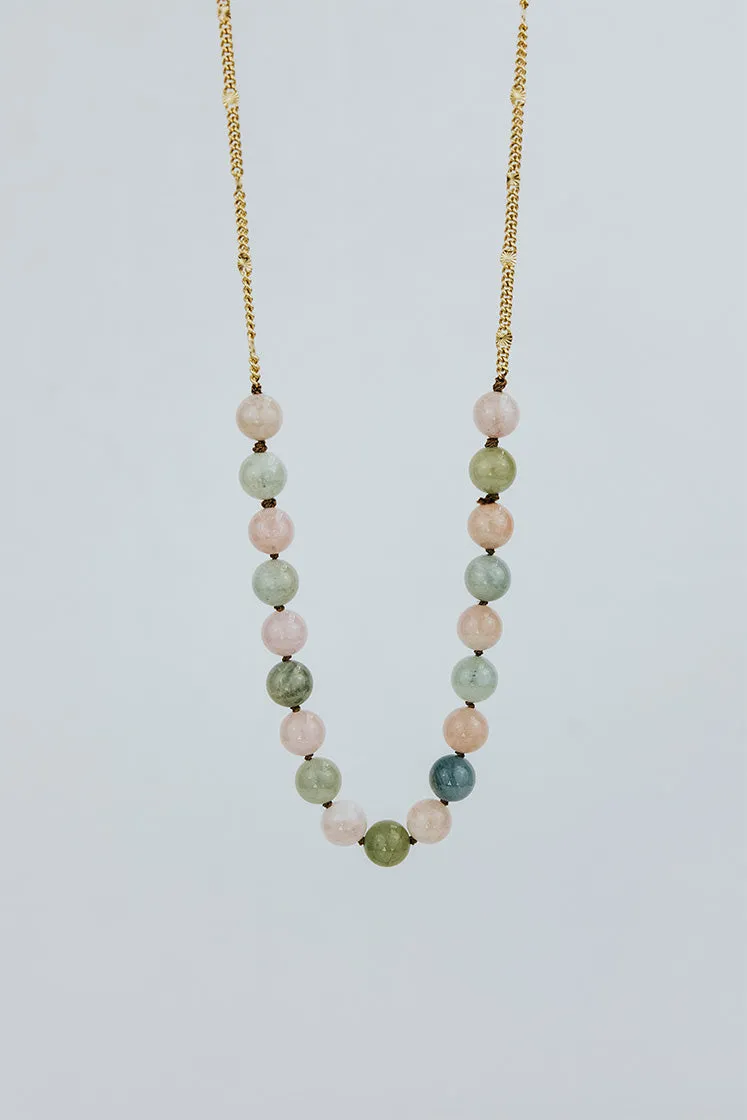 Aquamarine Round Beaded Necklace - Pink   Teal