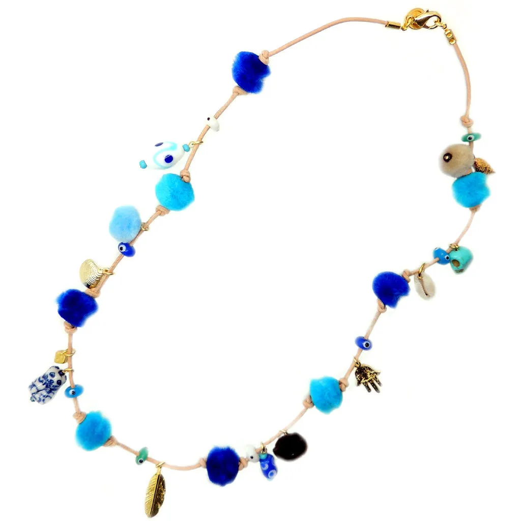 Azure Pompom Lucky Charms Leather Cord Necklace