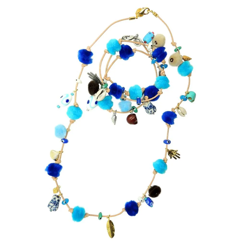 Azure Pompom Lucky Charms Leather Cord Necklace