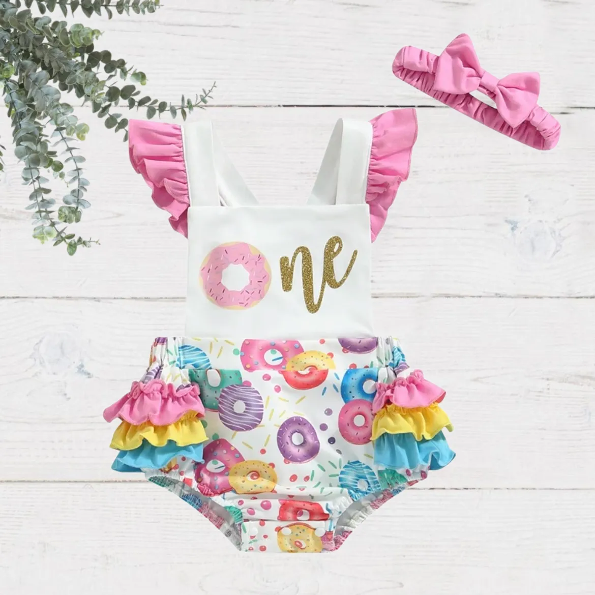 Baby Girls One Rainbow Donuts First Birthday Ruffle Romper