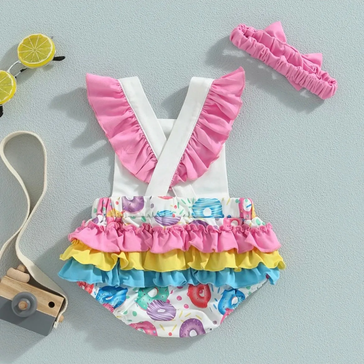 Baby Girls One Rainbow Donuts First Birthday Ruffle Romper