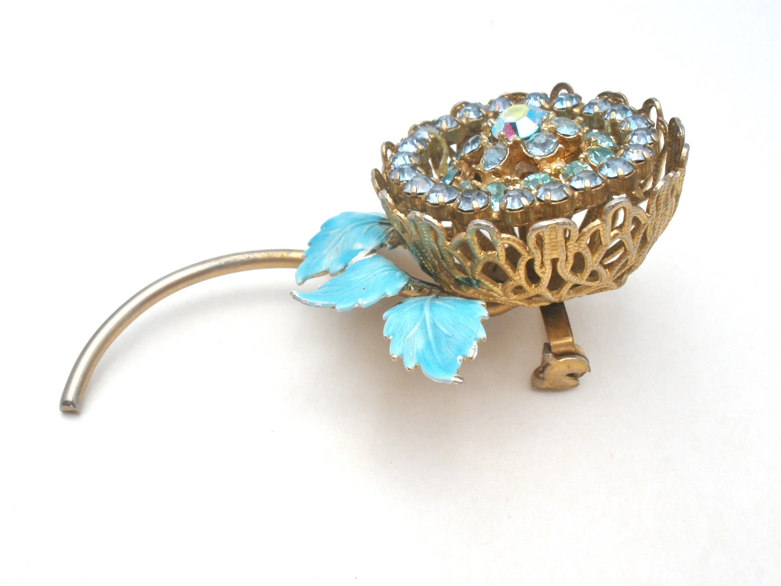 Blue Enamel & Rhinestone Flower Brooch Pin Vintage