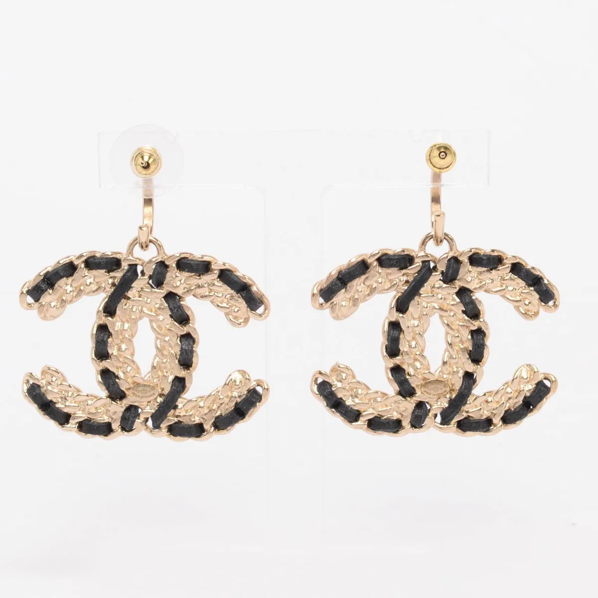 Chanel Black & Gold Crystal CC Drop Earrings