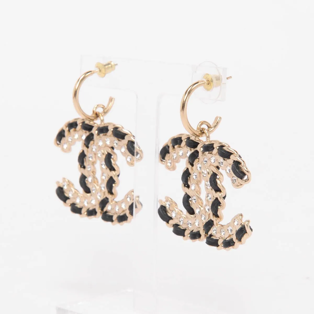 Chanel Black & Gold Crystal CC Drop Earrings