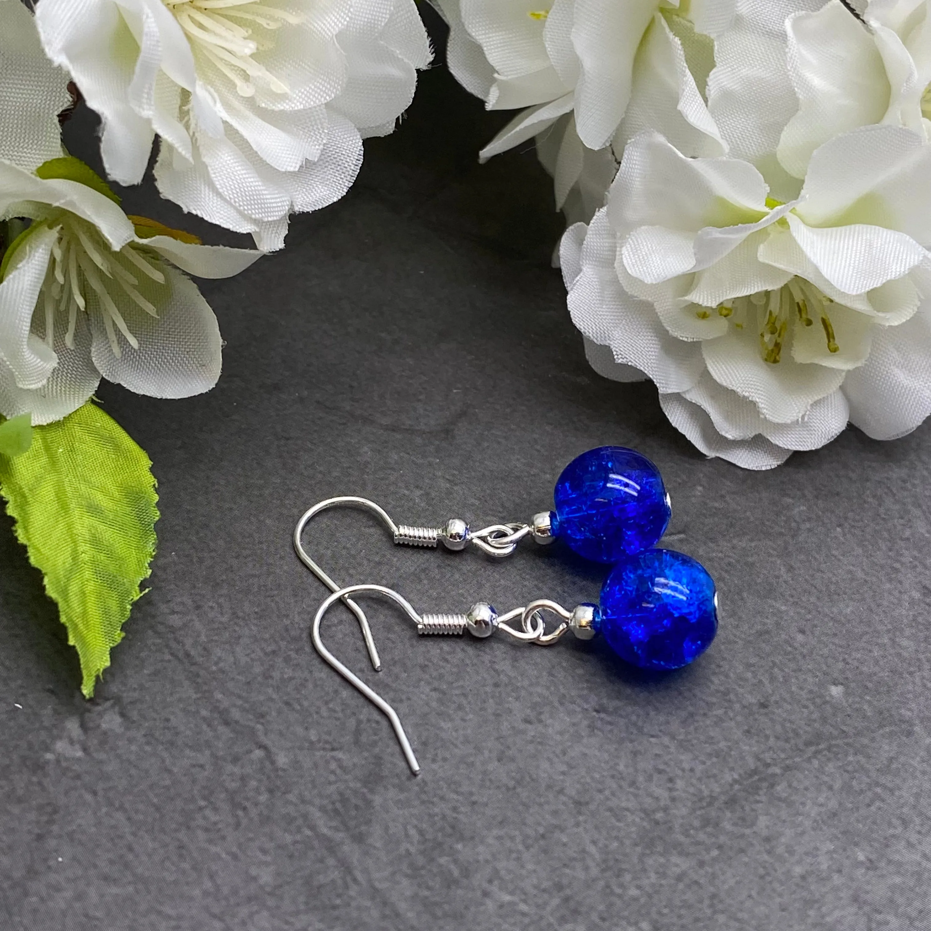 Crackle Glass Bead Earrings - Royal Blue