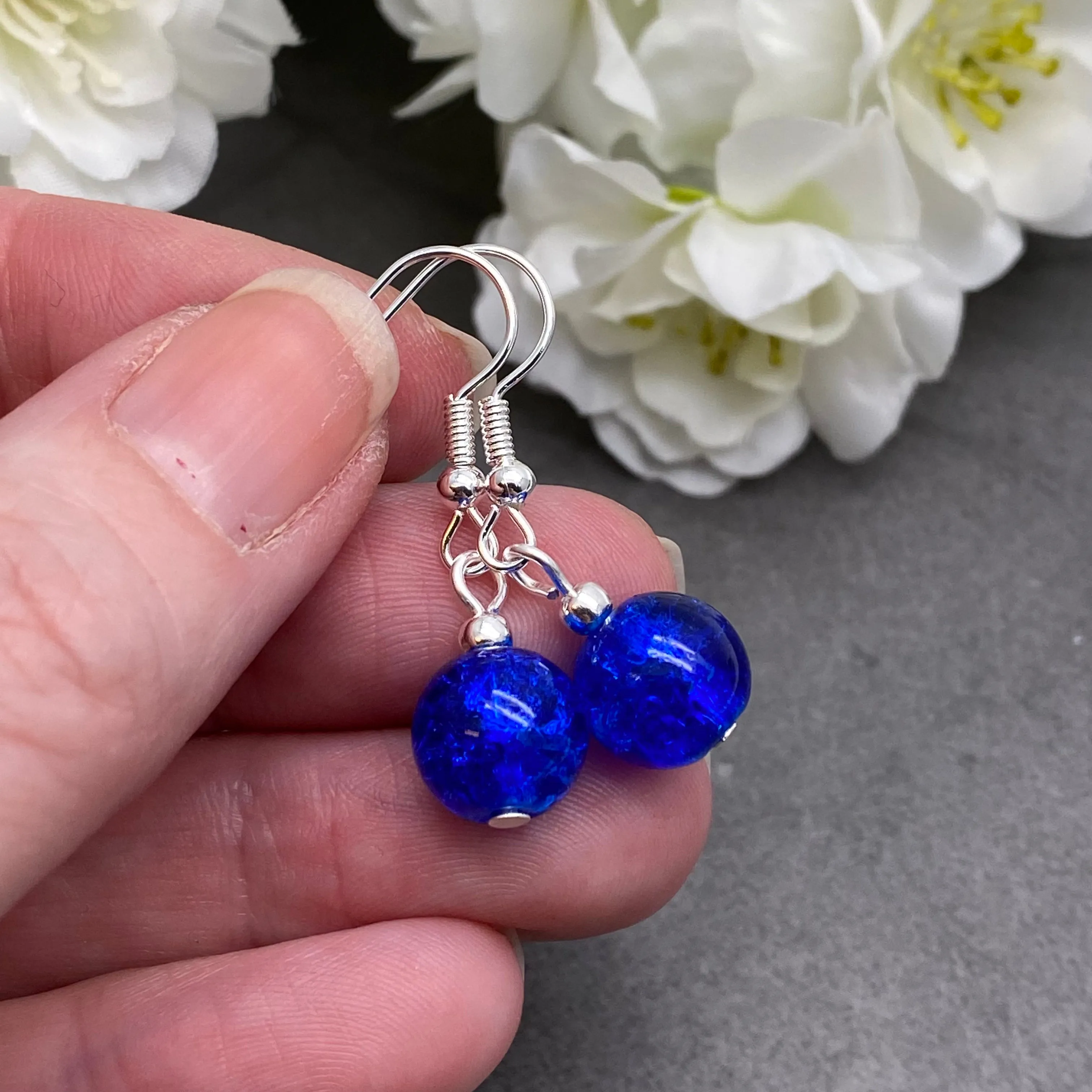 Crackle Glass Bead Earrings - Royal Blue