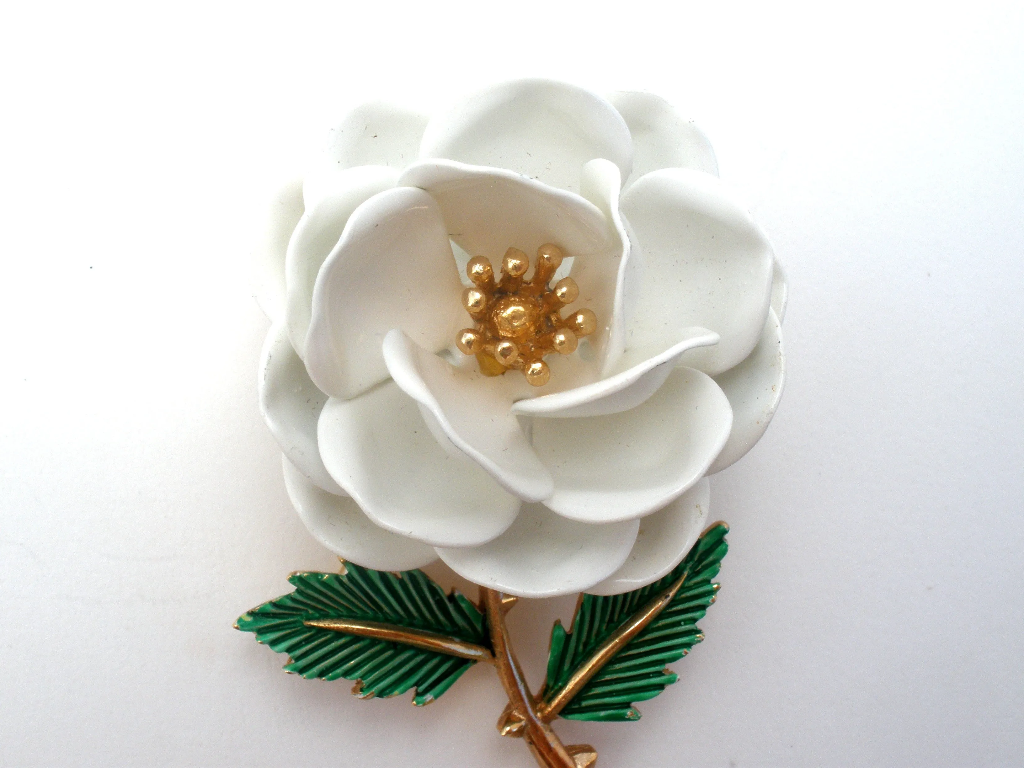 Crown Trifari White Enamel Flower Brooch Pin