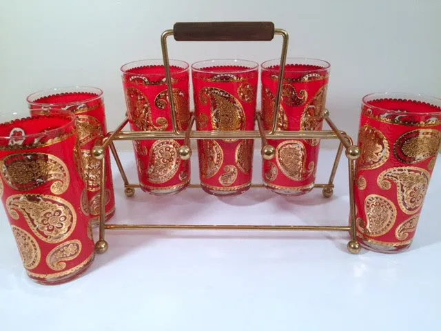 Culver Mid-Century Red & 22-Karat Gold Paisley Bar Set (6 Glasses and Carrier)