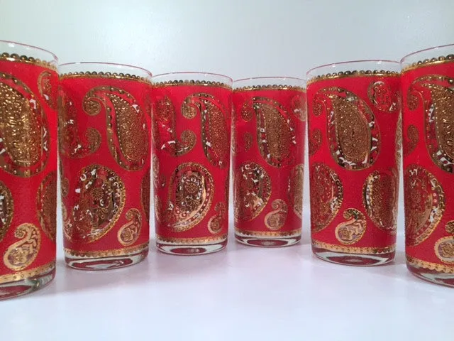 Culver Mid-Century Red & 22-Karat Gold Paisley Bar Set (6 Glasses and Carrier)