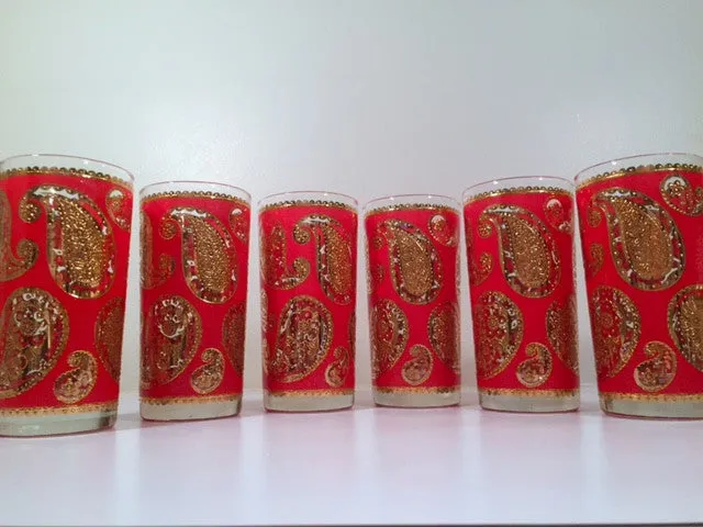 Culver Mid-Century Red & 22-Karat Gold Paisley Bar Set (6 Glasses and Carrier)