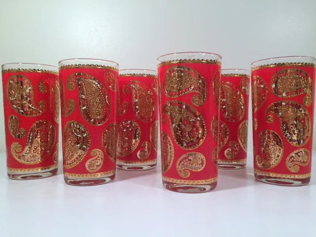 Culver Mid-Century Red & 22-Karat Gold Paisley Bar Set (6 Glasses and Carrier)