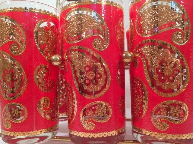 Culver Mid-Century Red & 22-Karat Gold Paisley Bar Set (6 Glasses and Carrier)