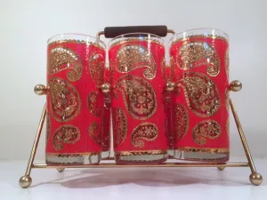 Culver Mid-Century Red & 22-Karat Gold Paisley Bar Set (6 Glasses and Carrier)