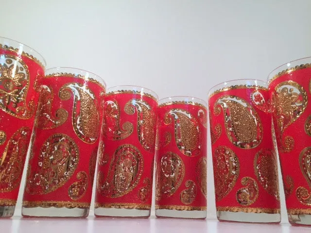 Culver Mid-Century Red & 22-Karat Gold Paisley Bar Set (6 Glasses and Carrier)