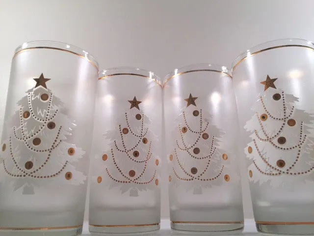 Culver- Signed White Christmas Tree & 22-Karat Gold Mid-Century Glasses with Original Box (Set of 4)