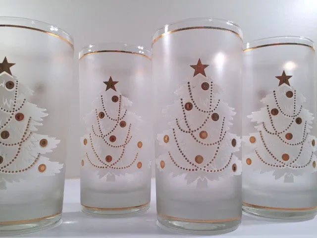 Culver- Signed White Christmas Tree & 22-Karat Gold Mid-Century Glasses with Original Box (Set of 4)