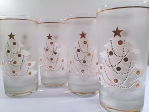 Culver- Signed White Christmas Tree & 22-Karat Gold Mid-Century Glasses with Original Box (Set of 4)