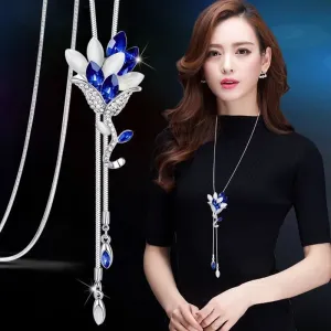 DEANWANGKT Fashion Long Chain Sweater Necklaces & Pendants for Women Blue Opal Rhinestone Flower Pendant Necklace Female Jewelry