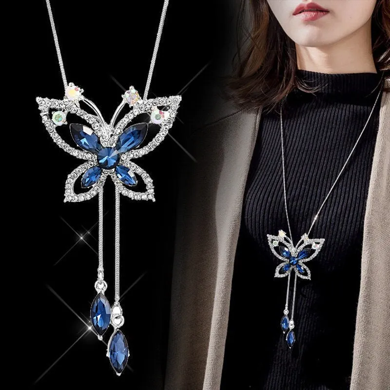 DEANWANGKT Fashion Long Chain Sweater Necklaces & Pendants for Women Blue Opal Rhinestone Flower Pendant Necklace Female Jewelry