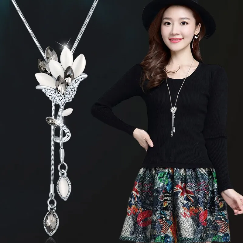 DEANWANGKT Fashion Long Chain Sweater Necklaces & Pendants for Women Blue Opal Rhinestone Flower Pendant Necklace Female Jewelry